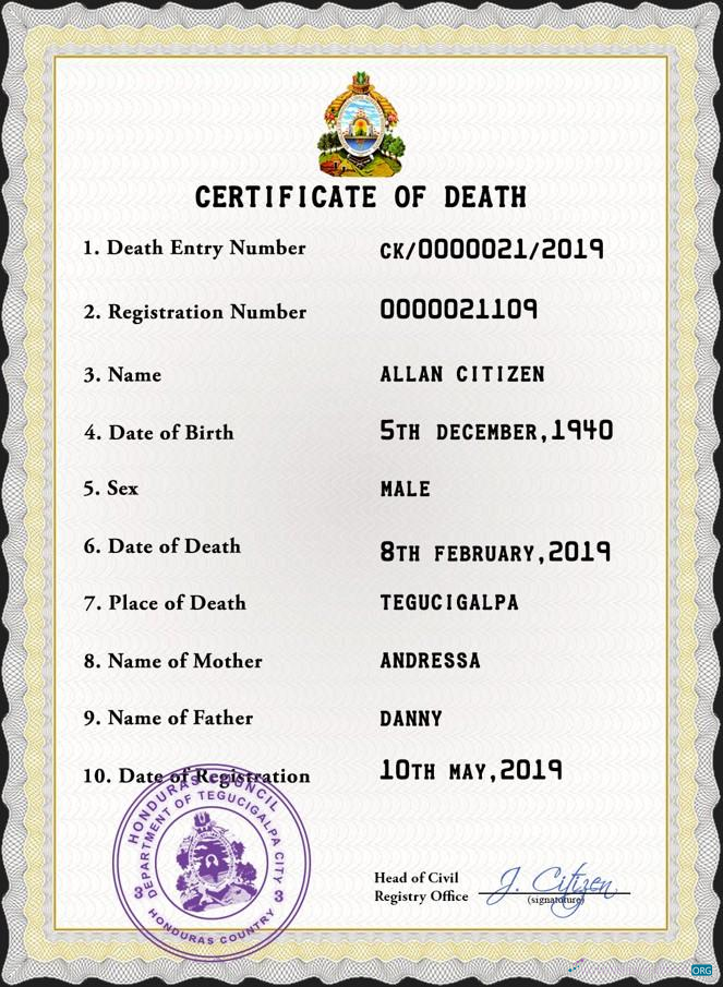 Download Honduras death certificate PSD template Photoshop template